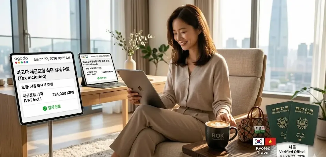 따뜻한 햇살이 들어오는 세련된 서울의 홈 오피스에서, 깔끔한 라운지웨어를 입은 20대 한국인 여성이 태블릿 PC로 아고다 세금포함 최종 결제 화면을 확인하며 만족스러운 미소를 짓고 있는 고화질 감성 사진. 테이블 위에는 초록색 대한민국 여권과 커피 한 잔이 놓여 있음