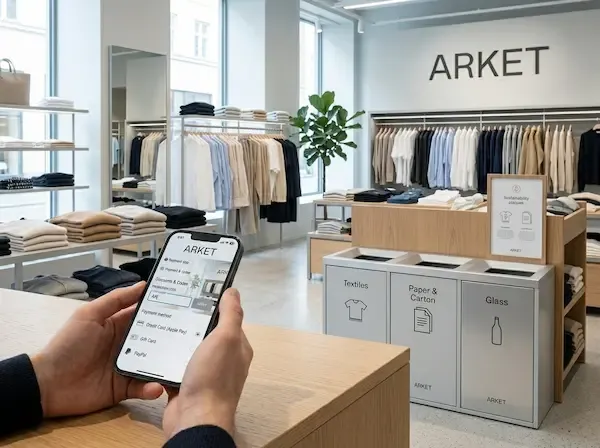 아르켓 오프라인 매장의 리사이클 수거함과 깔끔하게 진열된 의류들