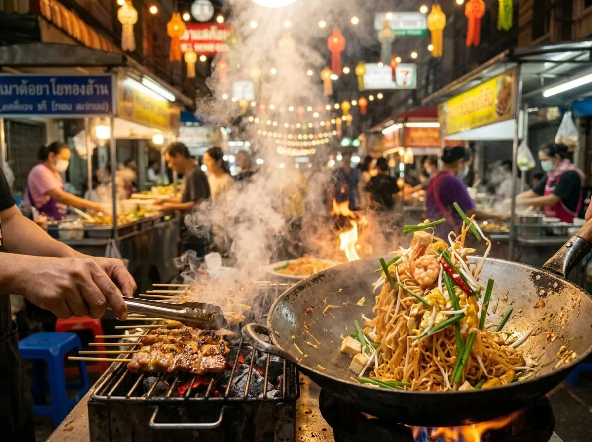 동남아시아의 화려한 야시장에서 꼬치구이와 팟타이가 연기를 내며 조리되고 있는 먹음직스러우면서도 활기찬 풍경 사진