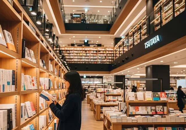 세련된 디자인의 이온몰 나고야 노리타케 가든 내 '츠타야 서점'에서 거대한 책장을 배경으로 책을 고르고 있는 20대 한국인 여성의 뒷모습