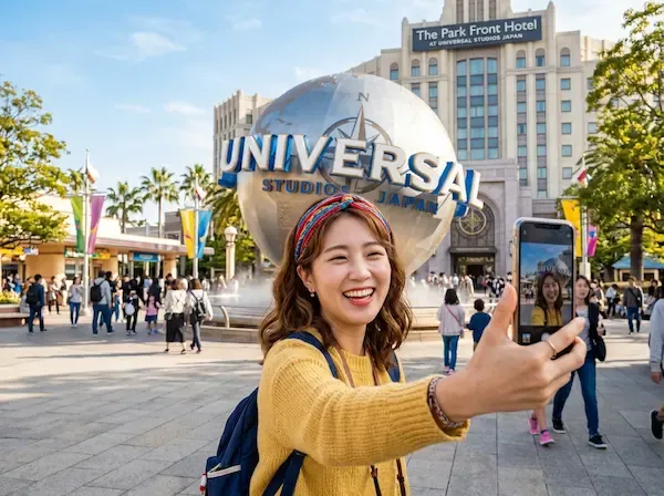 유니버셜 스튜디오 재팬의 상징인 지구본(유니버셜 글로브) 앞에서 화려한 머리띠를 쓴 20대 한국인 여성 여행자가 환하게 웃으며 셀카를 찍는 모습. 배경에는 입구 바로 앞의 더 파크 프론트 호텔 건물이 웅장하게 보임. 활기찬 테마파크의 아침 분위기.