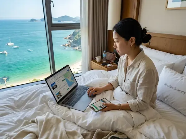 창밖으로 에메랄드빛 바다가 보이는 럭셔리한 호텔 침대에 앉아 노트북과 스마트폰으로 호텔 예약을 꼼꼼히 비교하고 있는 한국인 여행자