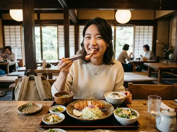 고즈넉한 일본 전통 가옥 느낌의 실내에서 세련된 가라츠야키 그릇에 담긴 두툼한 돈카츠 정식을 먹으며 행복한 표정을 짓고 있는 20대 한국인 여성 여행자, 따뜻한 조명 분위기