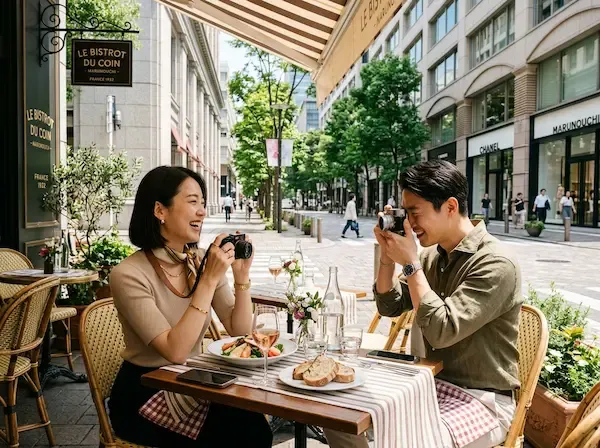 화창한 오후, 도쿄 마루노우치의 세련된 거리 배경의 프렌치 비스트로 테라스석에서 런치를 즐기며 사진을 찍고 있는 세련된 차림의 한국인 커플