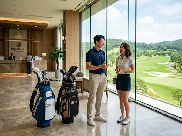 현대적이고 세련된 노스힐 골프 리조트의 로비에서 골프백을 옆에 둔 30대 한국인 남녀가 체크인을 기다리며 즐겁게 대화하는 모습, 창밖으로 푸른 골프 코스가 보임
