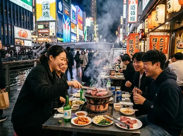 오사카 도톤보리의 화려한 네온사인 아래, 연기가 모락모락 피어오르는 석쇠 위에서 두툼한 소고기를 굽고 있는 활기찬 한국인 여행객들의 모습, 시네마틱 리얼리즘