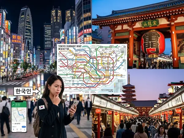 신주쿠의 화려한 고층 빌딩 숲과 아사쿠사의 붉은 센소지 카미나리몬을 반으로 나누어 합성한 이미지. 중앙에는 도쿄 지하철 노선도가 세련된 인포그래픽으로 그려져 있으며, 30대 한국인 여행자가 스마트폰 앱을 보며 고민하는 모습