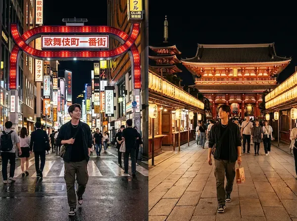 밤의 신주쿠 가부키초에서 화려한 네온사인 아래 활기차게 걷는 한국인 청년의 모습과, 대조적으로 은은한 제등 불빛이 켜진 아사쿠사 센소지 거리를 걷는 모습이 교차되는 야경 컷